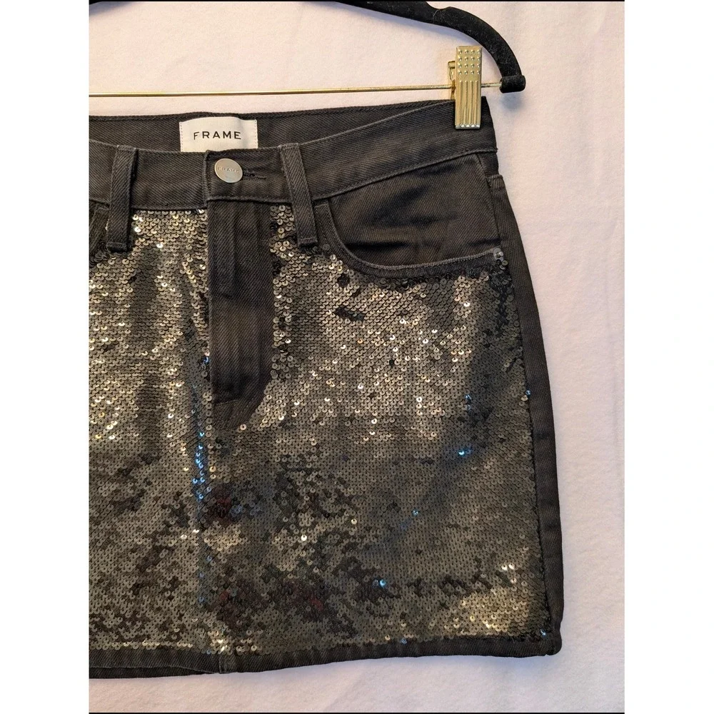 FRAME Beacon Black Sequin Denim Sparkle Disco Edgy Glam‎ Chic Mini Skirt Sz 24
